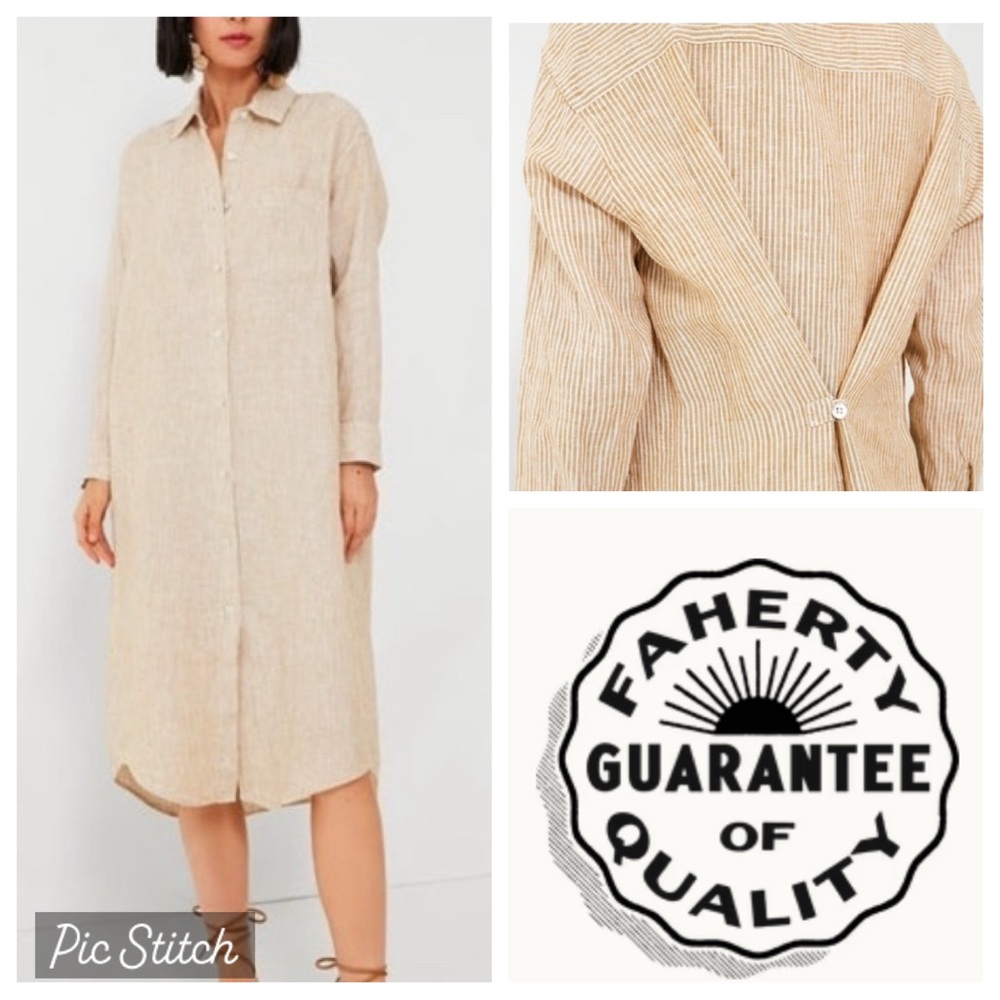 Faherty Golden Stripe Laguna Linen Front Button Shirtdress